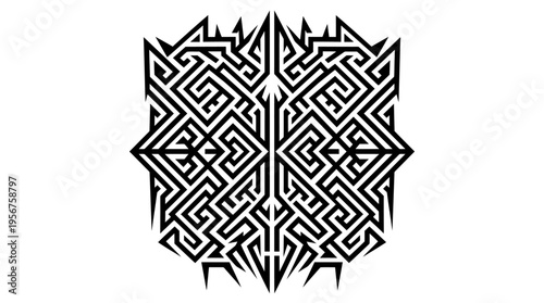 Symmetrical black geometric tribal maze emblem ornamental pattern design.