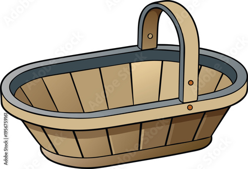 An empty brown wicker picnic basket with a woven handle is a handmade wooden container isolated on a white background for food or craft storage