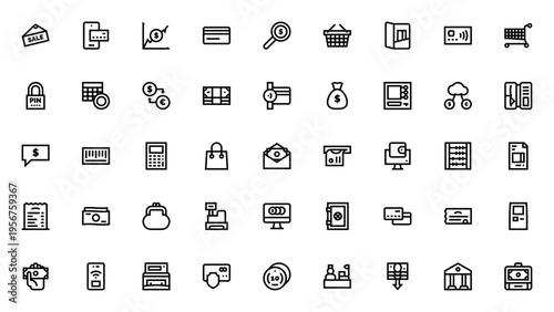 Payment icon set. Vector symbols for sale, mobile payment, shopping cart, credit card, wallet, ATM, online payment and more. Editable stroke.