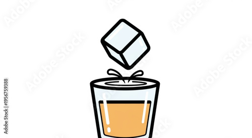 Glass of whiskey with ice cube on white background simple line drawing cold drink