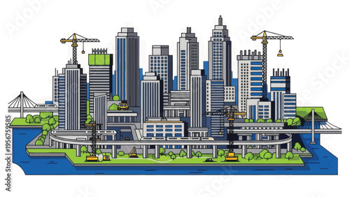 Modern City Skyline Illustration: Hand-Drawn Sketch of Metropolis with Construction Cranes and Urban Infrastructure.