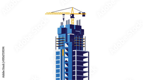 Modern Skyscraper Under Construction with Tower Crane, Isolated Vector Illustration of Urban Development and Architecture