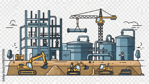 Industrial Construction Plant Building Process. Line Art Engineering Site with Heavy Machinery, Crane, and Excavators.