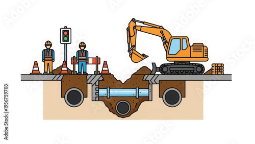 Underground Utility Pipe Repair and Road Construction Cross-Section. Excavator, Workers, and Traffic Safety Zone for Infrastructure Maintenance.
