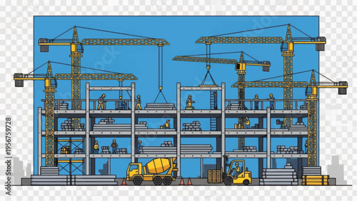 Detailed Construction Site Illustration. Building Development and Steel Frame Erection with Multiple Tower Cranes, Workers, and Heavy Machinery.