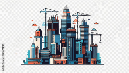 Vibrant Construction Site City Skyline Illustration. Urban Development, Engineering, and Real Estate Growth Concept with Tall Buildings and Tower Cranes.