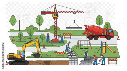 Construction Site Building Infrastructure in Public City Park. Crane, Excavator, Cement Truck, and Workers Developing Urban Landscape.