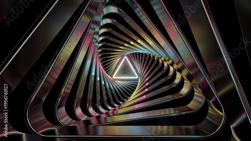 Spinning Metallic Triangles Illuminated By Glowing Triangle Neon Core - Abstract Background Texture