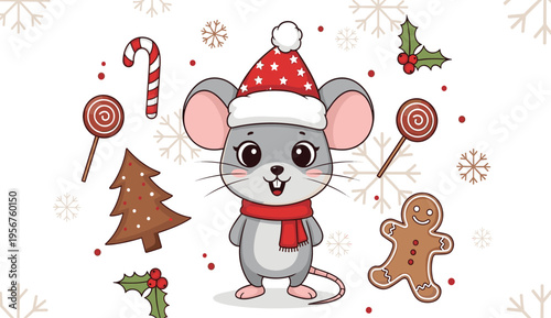 Cute Christmas Mouse Character Vector Set with Santa Hat Candy Cane Gingerbread Cookie Christmas Tree and Holiday Decorations for Festive Winter Illustration Collection