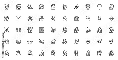 Greek Mythology icon set. Vector symbols of Zeus, Medusa, Hercules, Poseidon, Athena, Trojan horse, Minotaur, Olympus, and more. Editable stroke.