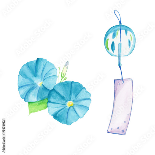 Bild auf Leinwand 水色の朝顔2輪と水色の風鈴の夏の和風水彩イラストセット｜Watercolor set of two blue morning glories and a blu