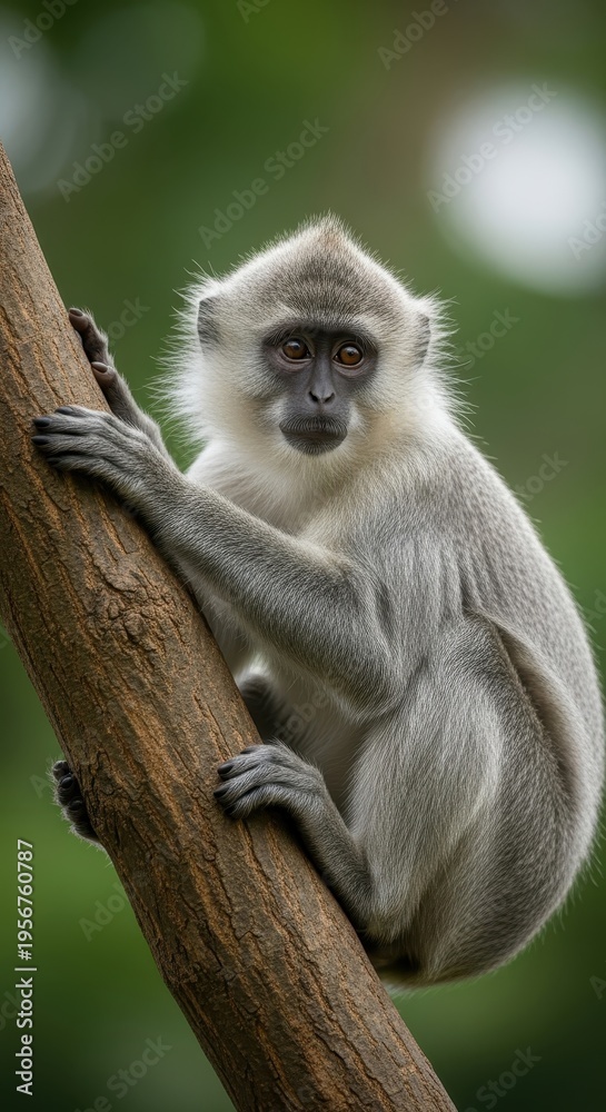 Obraz premium Portrait of a Silvery Lutung Monkey Perched on a Tree Branch.