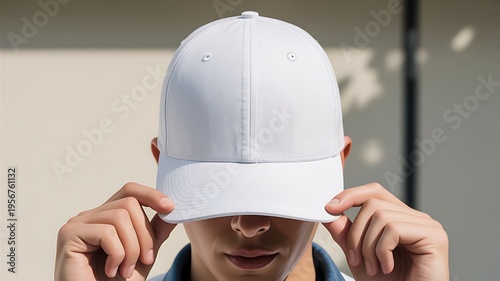 White baseball cap mockup person holding brim