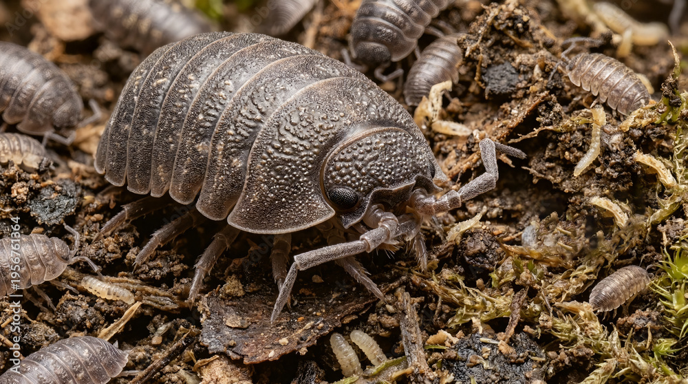 Obraz premium Woodlouse Macro Close-Up in Forest Soil Habitat
