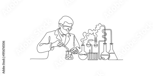 Continuous line drawing of scientist mixing chemicals in a laboratory setting with equipment lab beakers