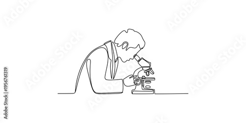 Continuous line drawing of a scientist looking through a microscope researcher lab laboratory science scientific