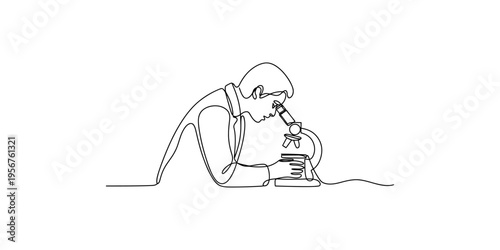 Continuous line drawing of a man looking through a microscope one art single person science