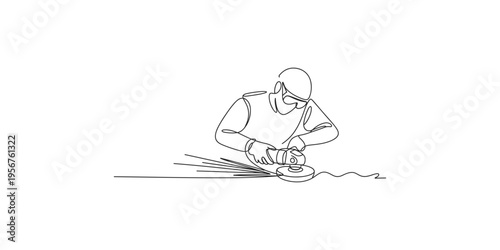 Continuous line drawing of a man using a power tool to cut metal single worker