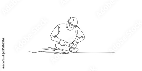 Continuous line drawing of a worker using an angle grinder on a material construction industry