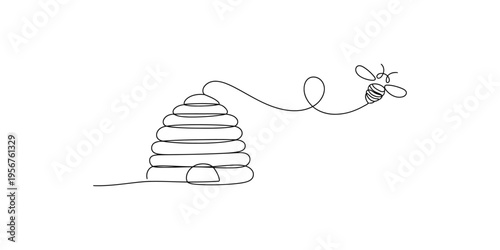 A bee flying back to its traditional beehive in a single continuous line drawing style