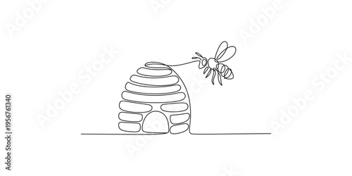 Continuous line drawing of a bee flying near a beehive insect honeybee apiary house one