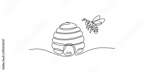 A bee flying near a beehive in a simple line drawing style insect hive black