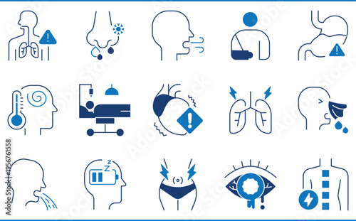 A set of icons related to sickness. Sick, ill, eye, heart, lungs, sneeze, cough, pain, vomit, fever, and so on.