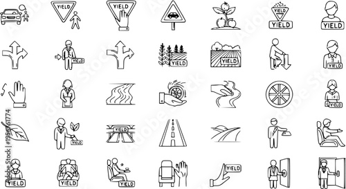 Hand-drawn outline icon set featuring yield signs, traffic, agriculture, people, decisions, and business concepts.