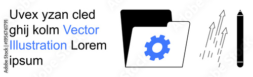 File organization, creativity tools, productivity systems, workflow optimization, digital storage, data processes. Gear in folder, arrows and pen. File organization and creativity tools concept