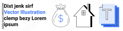 Financial technology, real estate, contracts, documentation, investments, monetary assets. Money bag with dollar sign, house icon stack of documents. Financial technology and real estate concept