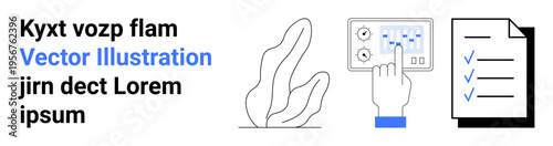 User interface, technology interaction, task management, productivity tools, digital dashboard, abstract design. A hand operates a control panel with a checklist and an abstract plant illustration