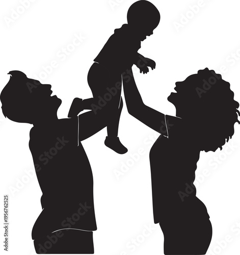 A heartwarming silhouette of interracial parents joyfully lifting their young child, depicting family bonding and happiness.