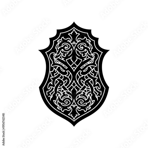 Ornate Black Shield with Intricate Design.