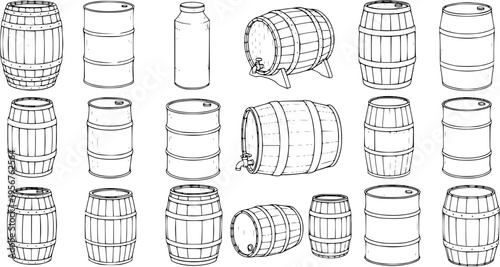 Collection of Barrels and Containers Line Art: Classic Wooden Barrels, Metal Drums, and Jars in Outlines