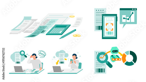 Household budget management and personal finance line art illustration set capturing daily expense tracking through AI powered receipt scanning for modern lifestyle