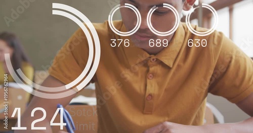 Vertical video: Student writing in class with blue pen, causing HUD numbers rise, drop for study