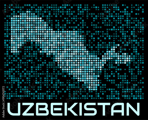 Uzbekistan digital dotted map. Shape of the country in cyan color palette on dark background. Futuristic Uzbekistan map design. Vector illustration.