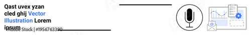 Voice technology, speech recognition, data analysis, automation, digital services, software interfaces. Visual includes a microphone, charts and settings icon. Voice recognition and data analysis
