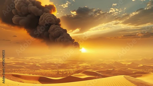 Golden desert sunset with dramatic cloud plume and warm glowing rolling sand dunes