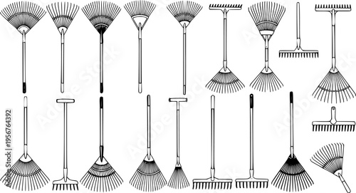 Detailed black and white line art illustration set of various garden rakes, including leaf and bow rakes, essential gardening tools for yard work and landscaping.