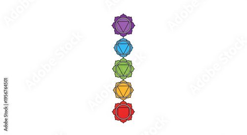 Rainbow colored chakra symbols vertically stacked on white background representing spiritual energy and balance