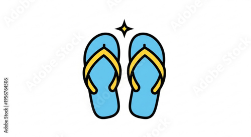 Vibrant blue and yellow flip flops with sparkle icon on white background for summer fun and relaxation