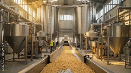 Modern factory interior with automated production line processing soybeans in industrial food manufacturing plant