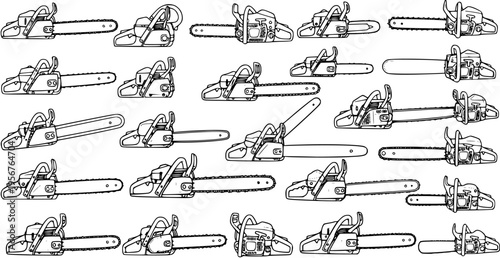 Seamless Black and White Line Art Pattern of Chainsaws: Hand-drawn industrial power tools for forestry, wood cutting, and timber harvesting.