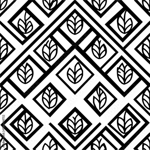 Black and white geometric pattern with diamond shapes and leaf motifs in a repeating diagonal arrangement