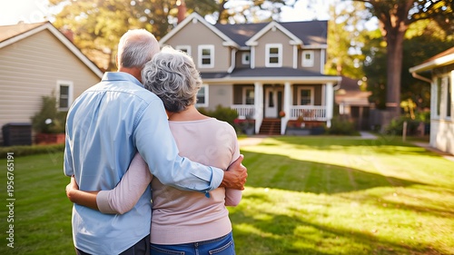 Senior couple standing together in front of suburban house representing retirement lifestyle and home ownership concept