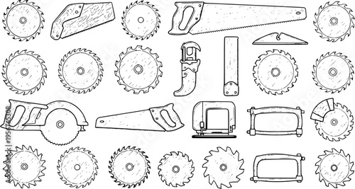 Detailed hand-drawn collection of various woodworking saws, circular blades, and power tools like jigsaws for carpentry and construction projects.
