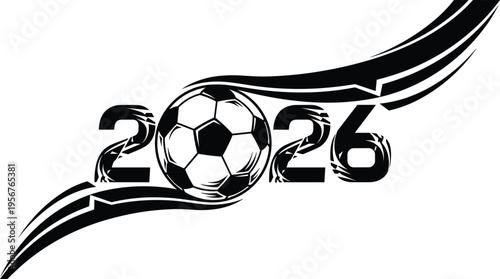 2026 soccer ball design, dynamic sports vector illustration, football tournament logo concept, energetic motion lines artwork, competitive event branding graphic