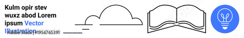 Education, innovation, reading, creative inspiration, ideas, digital learning. A cloud, an open book and a light bulb in simple vector style. Education and innovation concept