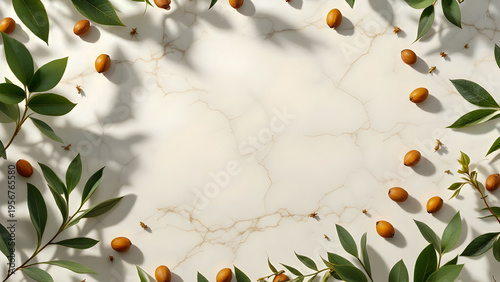 Elegant Botanical Frame: Green Leaves and Natural Seeds on Marble Background